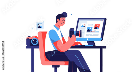 Photographer Working and Editing Pictures Digital on a Computer Screen Black Background