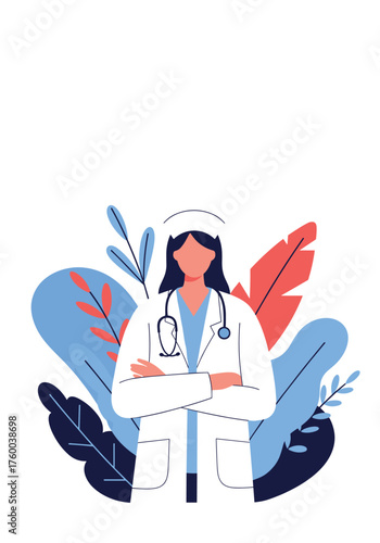A doctor stands confidently with arms crossed in front of a backdrop of colorful abstract plants.