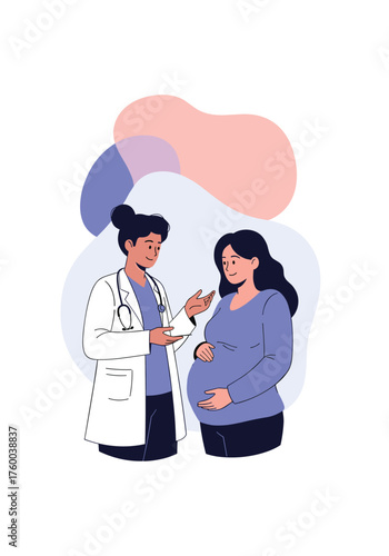 Doctor carefully explains prenatal care to an expectant mother during her check-up.