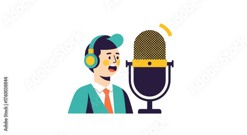 Podcast Recording in Progress: Illustrated Host with Microphone on Dark Background