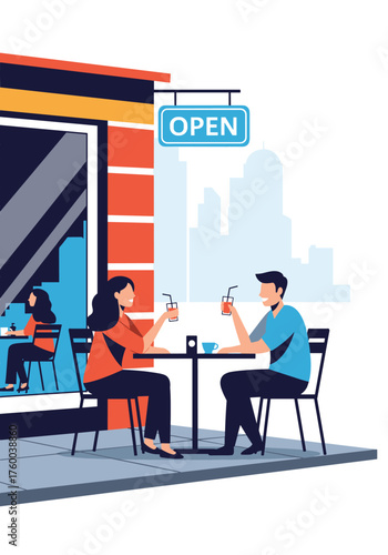 A couple enjoys a refreshing drink outside a cafe on a sunny day.