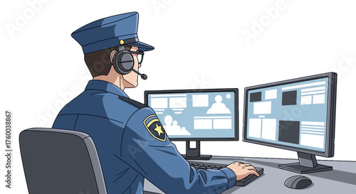 Policeman At Computer Monitors, Illustrating Modern Security, Technology, and Surveillance.