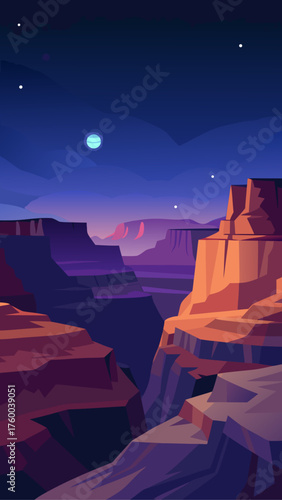 Stylized illustration of a grand canyon at twilight with a full moon and stars