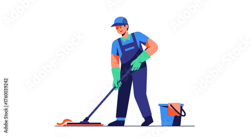 Professional Janitor Cleans Surface With Mop, Maintaining Hygiene in Working Environment