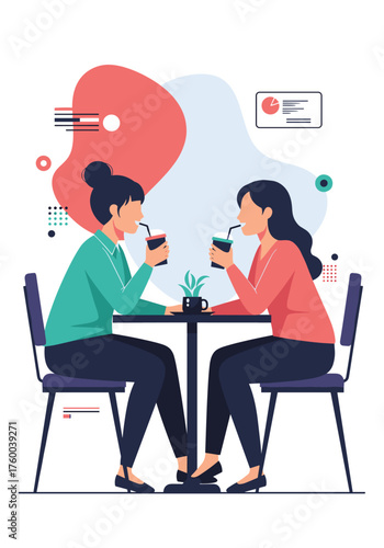 Two women enjoying drinks at a cafe together on a colorful background.