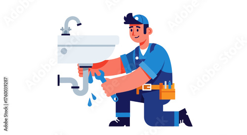 Professional Plumber Fixes Sink With Wrench Illustrated Concept on Black Background