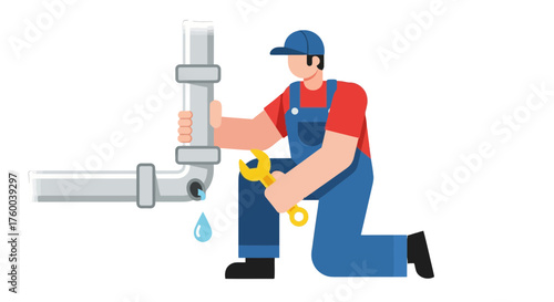 Professional Plumber Repairing A Leaking Pipe: A Vector Illustration Offering Solutions