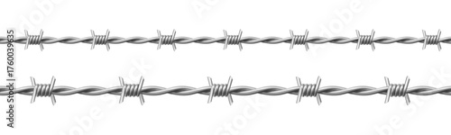 Industrial Barbed Wire Fence Close-Up with Two Parallel Strands, Harsh Security Barrier Concept, Protection and Restriction Symbol for Safety, Military, and Industrial Design Use