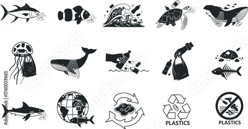 Ocean Microplastic Pollution Silhouette Set | Marine Debris Vector Icons & Environmental Awareness Design