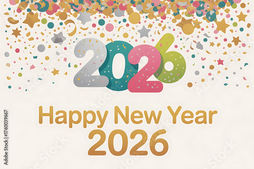 Colorful confetti and star shapes celebrate the arrival of the new year 2026.
