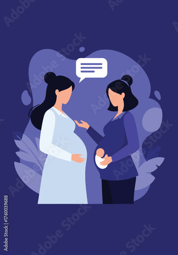 Two pregnant women talking about their experiences and sharing advice during their pregnancies.