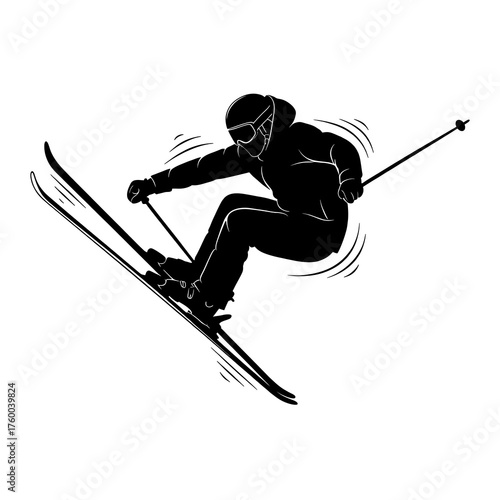 Silhouette of a skilled male skier performing dynamic jump with poles