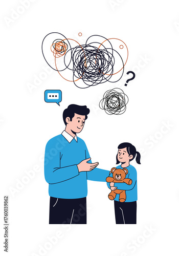 A father gently guides his confused child through complex thoughts and emotions.