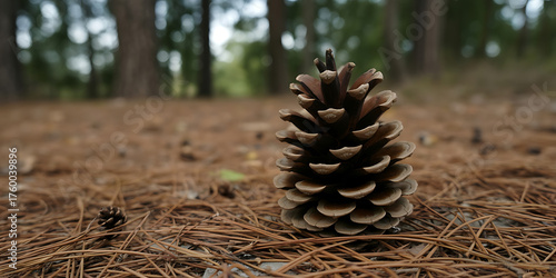 Pine cone rests on forest floor, surrounded by needles, displaying natural textures and earthy tones.