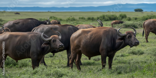 A herd of large, dark buffalo graze peacefully across vast, grassy plains under distant hills.