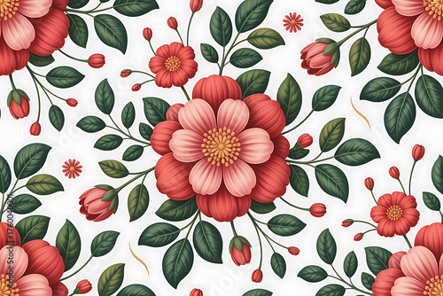 Delicate floral pattern with vibrant red and green blossoms, creating a seamless, decorative design.
