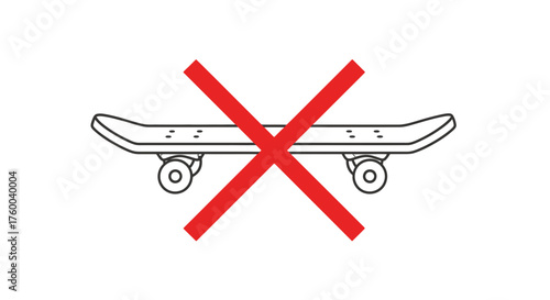Prohibited Skateboarding Symbol: Red X Over White Skateboard Silhouette on Black Background