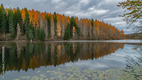 Vibrant autumn forest reflects beautifully in calm water, creating a symmetrical, peaceful scene.