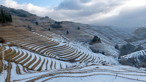 Terraced hillsides cascade down slopes, showcasing agricultural ingenuity amidst a cloudy sky.