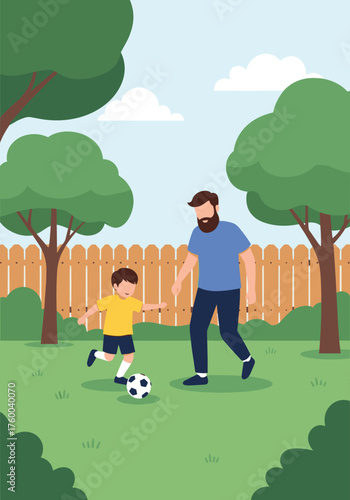 Father and son enjoying a game of soccer in the backyard during a sunny afternoon.