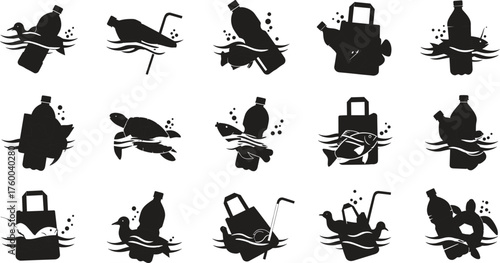 Plastic Waste in Water Silhouette Set | Ocean Pollution Vector Icons & Environmental Awareness Design