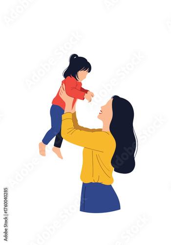 A happy mother lifts her young child up into the air in a loving embrace.