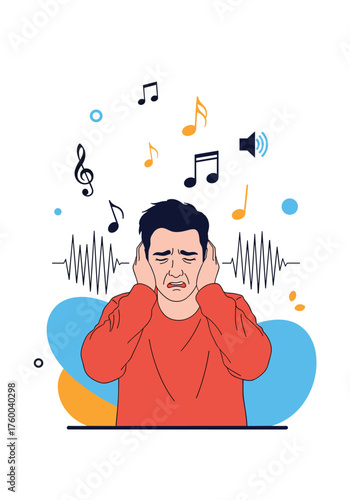 A man covers his ears to block out loud musical notes and sound waves.