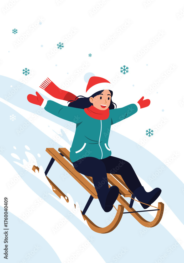 Obraz premium A happy child enjoys a fast sled ride down a snowy hill in winter.