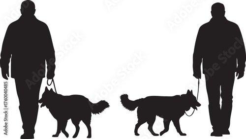 Man Walking Dog Silhouette  Pet Owner and Dog on Leash Vector Illustration
