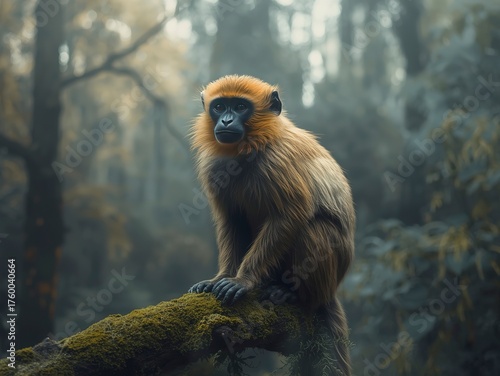 Majestic golden langur monkey perches serenely on a moss covered branch in a misty, enchanting forest creating a captivating wildlife portrait.