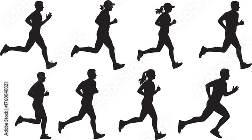 Running silhouettes Set men and women runners side view vector