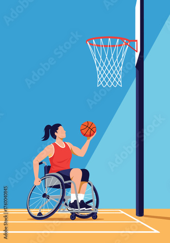 A female athlete in a wheelchair plays basketball aiming for the hoop with concentration on the court.