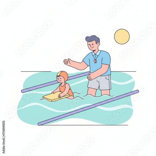 A swimming coach teaches a young child how to swim using a kickboard in a pool.