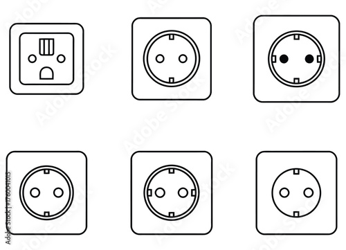 Variety of Six Electrical Wall Outlets Socket Line Art Drawings