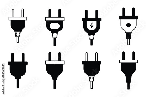 Assortment of Eight Different Electrical Power Plugs Silhouette Icons
