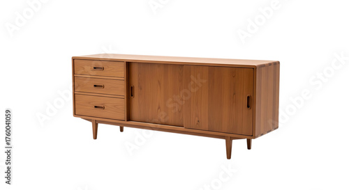 Mid century modern teak sideboard with drawers and sliding doors isolated on transparent background