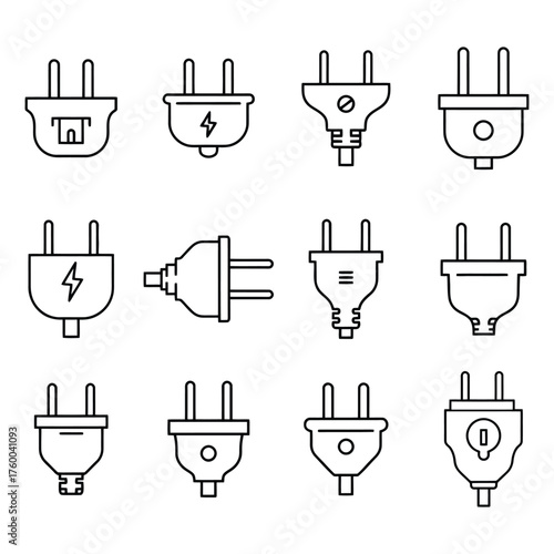 Detailed outline vector icons showing various electrical power plugs and connectors