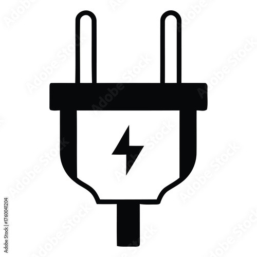 Bold Black Electrical Power Plug Silhouette Icon with Energy Symbol