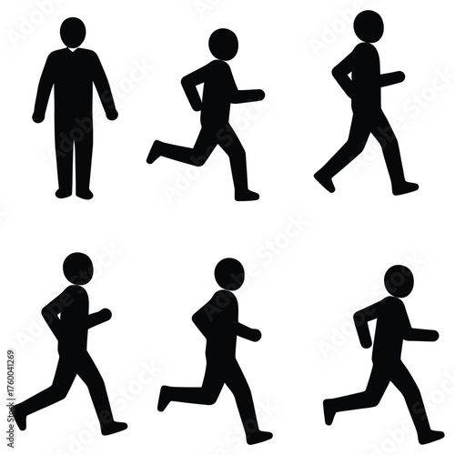 Solid Black Silhouette Icons Depicting Dynamic Human Running Poses
