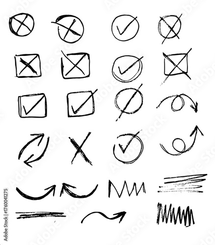 set of vector icons, black hand drawn  different, chalked arrows, circle check marks. Vector doodle marker drawing. Hand drawn doodles