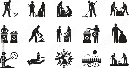 Community Action Against Microplastics Silhouette Set | Environmental Awareness Vector Icons & Plastic Pollution Clipart