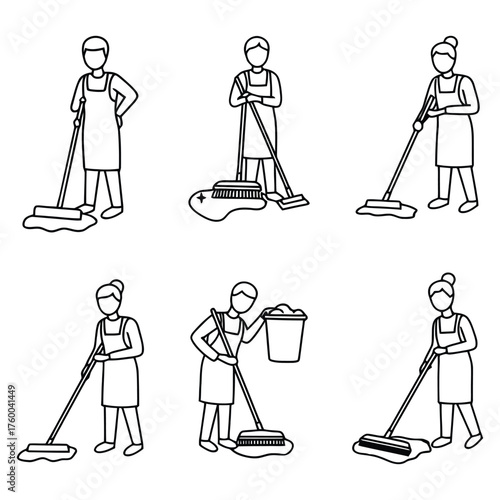 Diverse set of line art illustrations depicting a woman performing various household cleaning duties