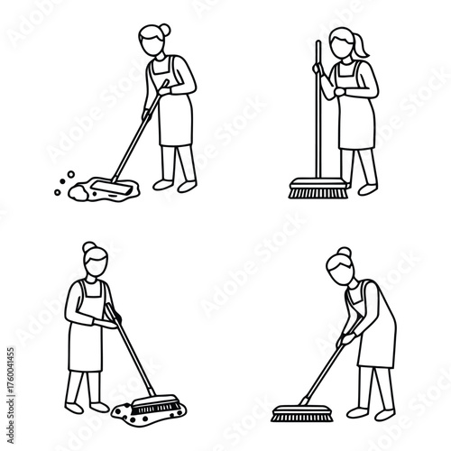 Collection of line art illustrations featuring a woman engaged in various cleaning tasks
