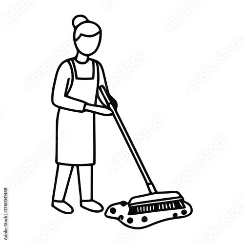 Detailed line art illustration of a woman standing and actively mopping a floor