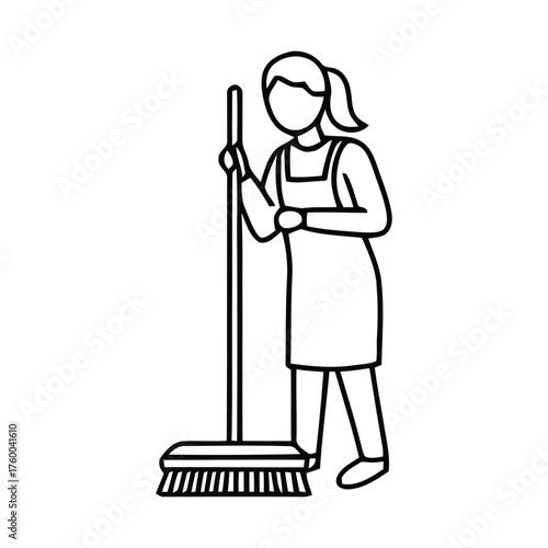 Dedicated Housekeeping Assistant Holding a Long Handled Broom Ready to Sweep