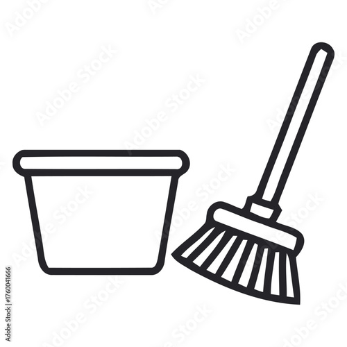 Household Cleaning Instruments Awaiting Use with Mop Bucket and Classic Broom