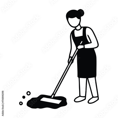 Professional Housekeeping Worker Using Mop to Clean Up Messy Floor with Bubbles