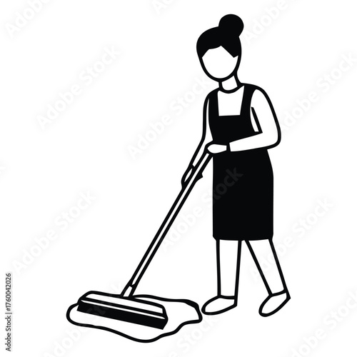 Female House Cleaner Expertly Wiping Down Floor Surface with Flat Mop Tool