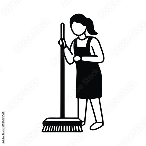 Efficient Domestic Worker Posing with Broom Ready to Sweep and Tidy Up Area