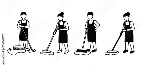 Professional Cleaning Staff Demonstrating Various Mopping and Sweeping Activities